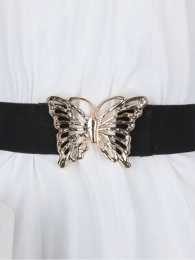 Gold Butterfly Buckle Wide Black Elastic Belt Boho New